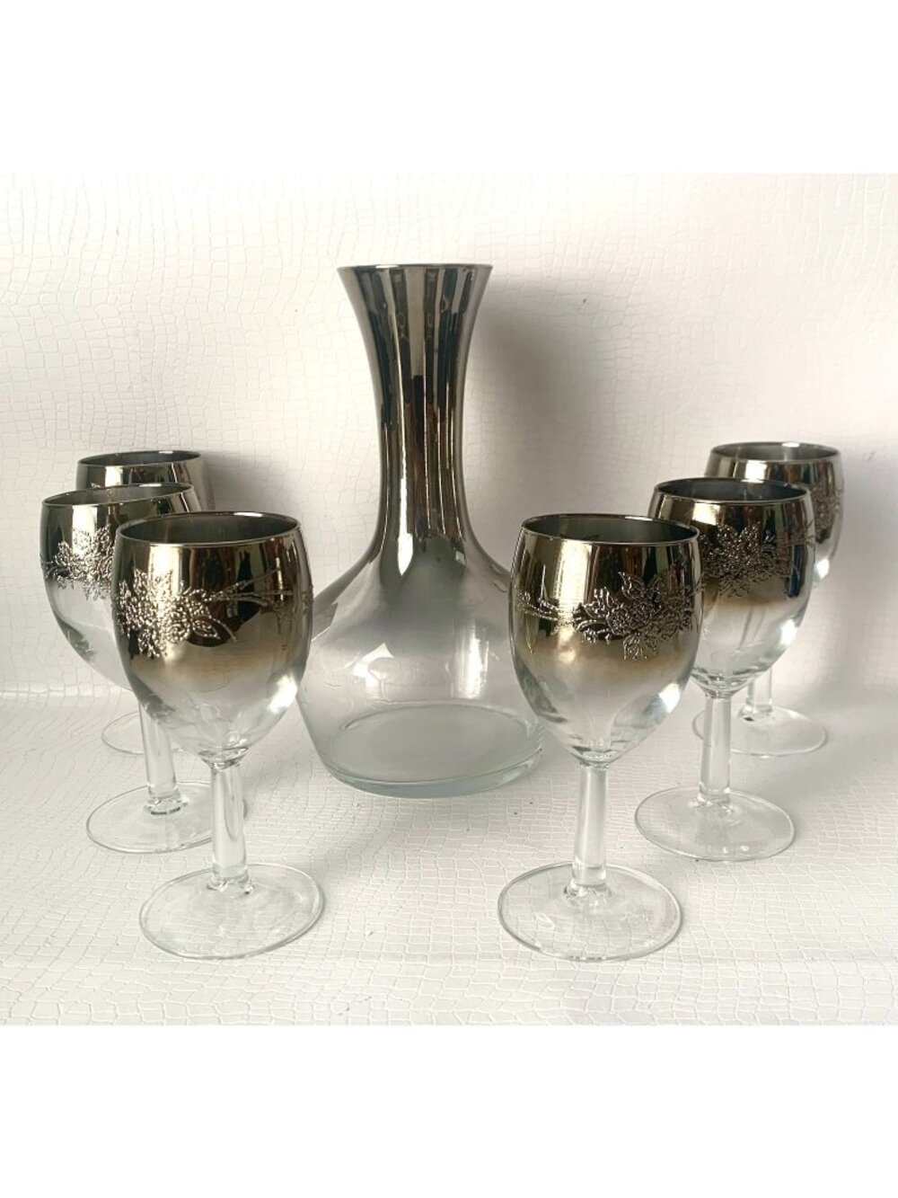 Vintage MCM Wine Glasses & Carafe Dorothy Thorpe Style Silver Ombre Barware